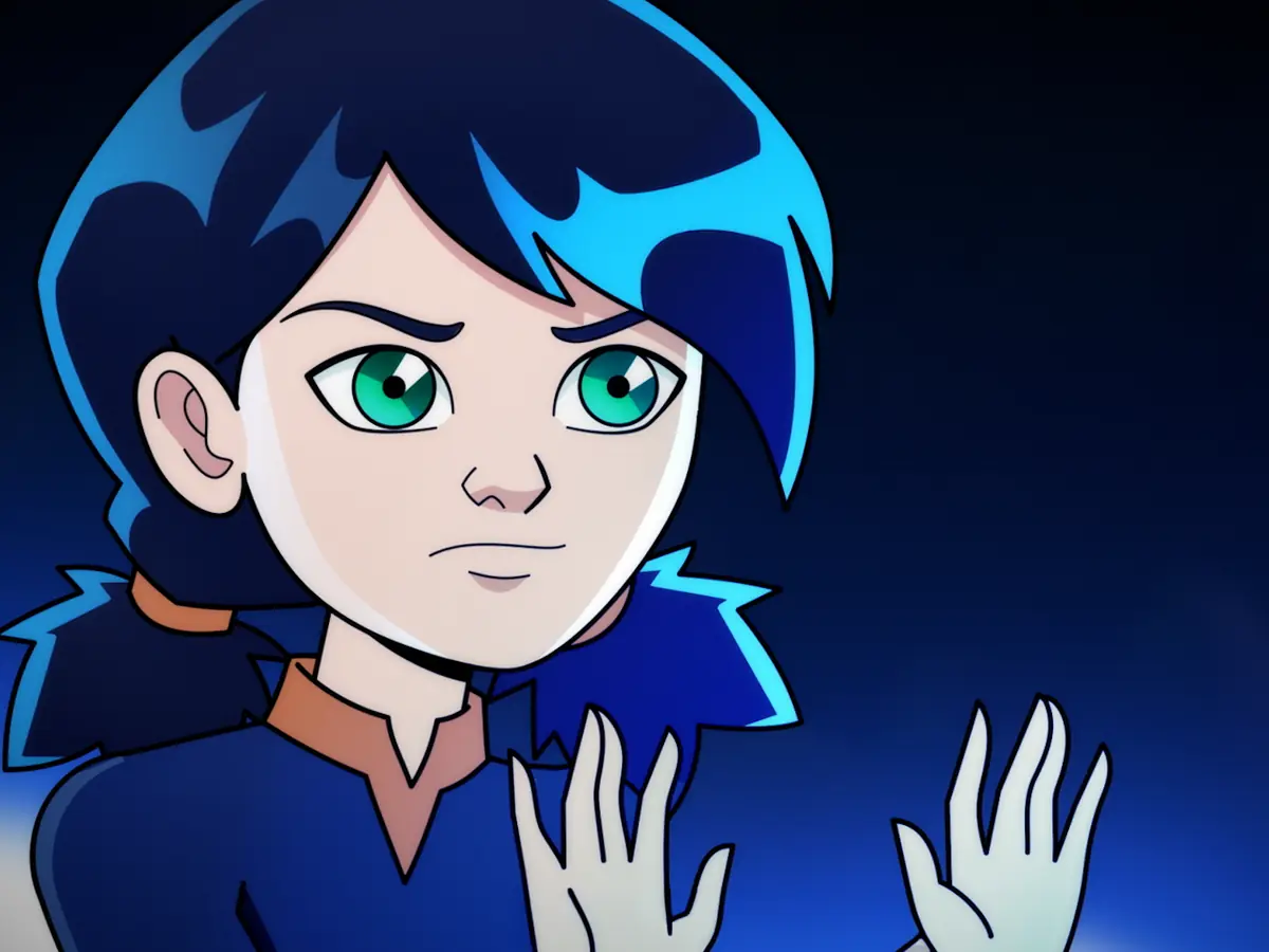 Still from The Blue Witch: a girl with blue hair raises her hands, frowning in concentration