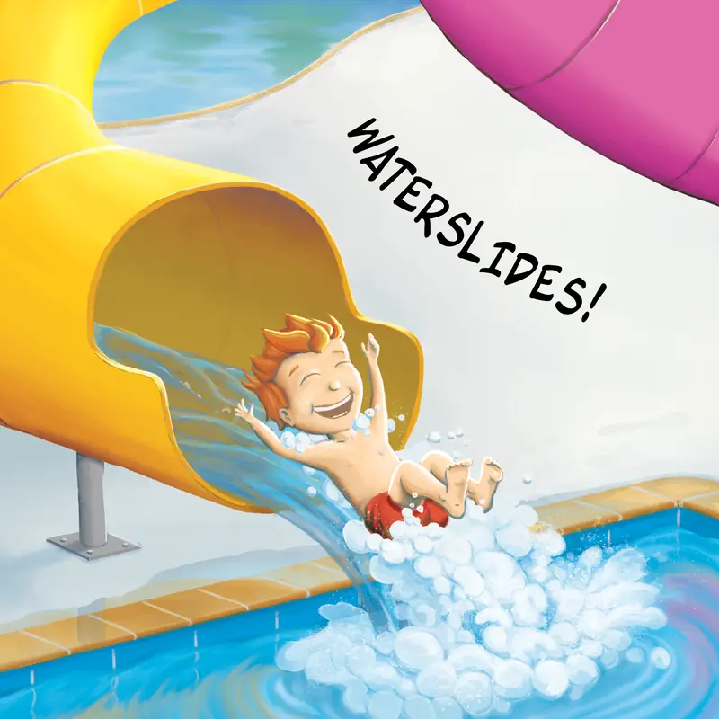 A boy shoots down a waterslide