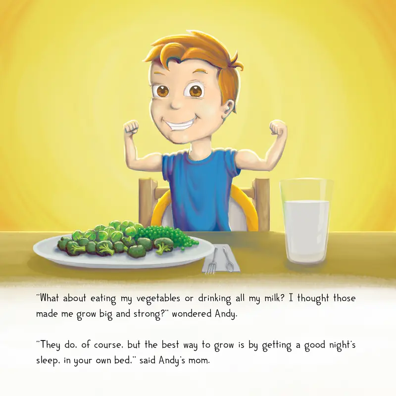 A boy flexes beside his broccoli and milk