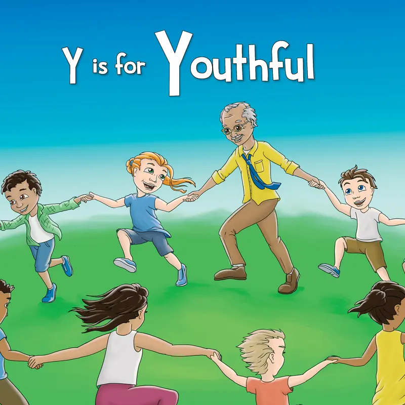 Y is for Youthful: a grandfather dances in a ring with children