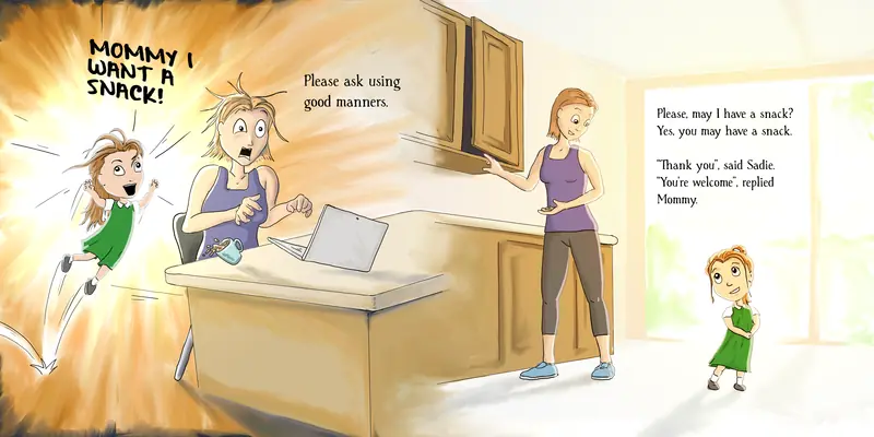 A girl asks for a snack in the kitchen
