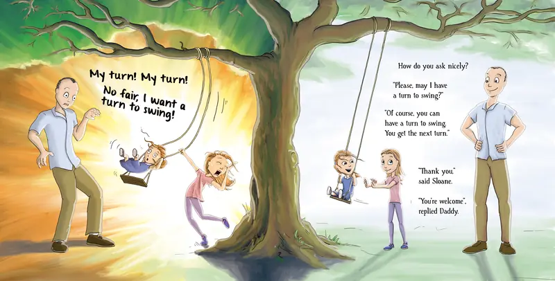Children take turns on a tree swing