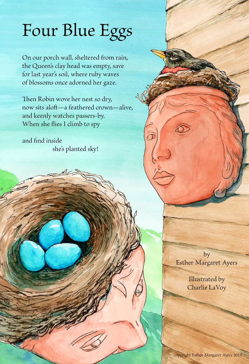 Four Blue Eggs: a robin’s nest beside a poem