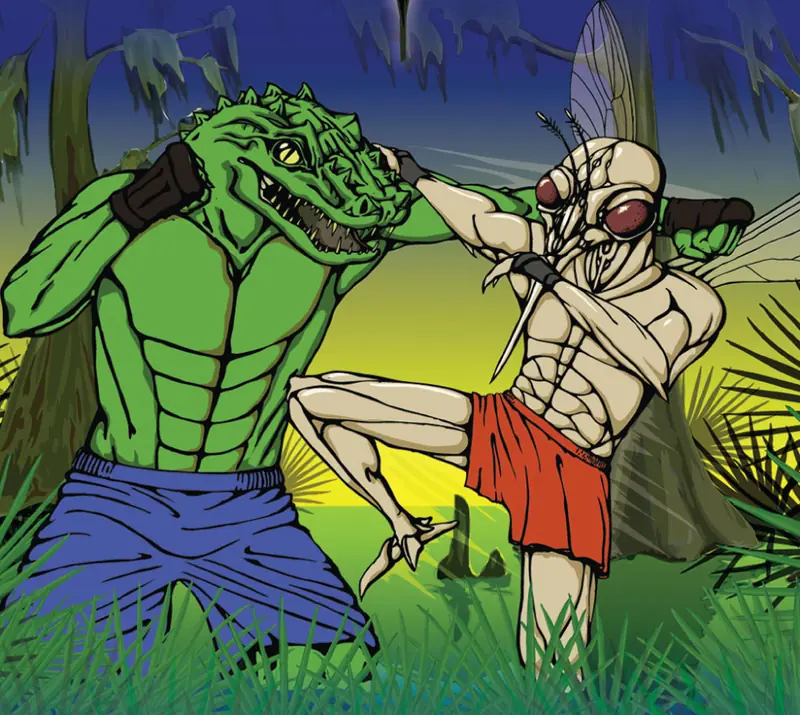 An alligator and a mosquito facing off as boxers