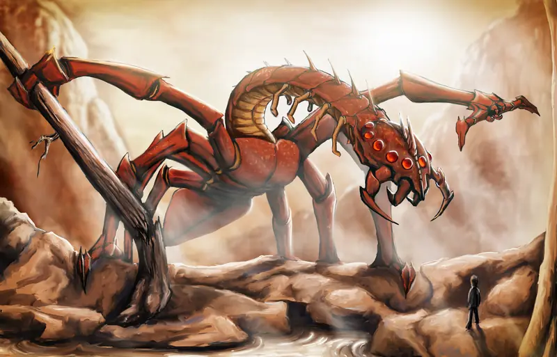 A red, many-legged creature looming over a canyon