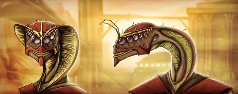 Two hooded insectoid aliens in a golden temple