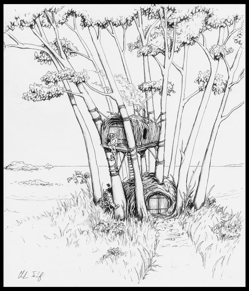 A treehouse grove, pen and ink