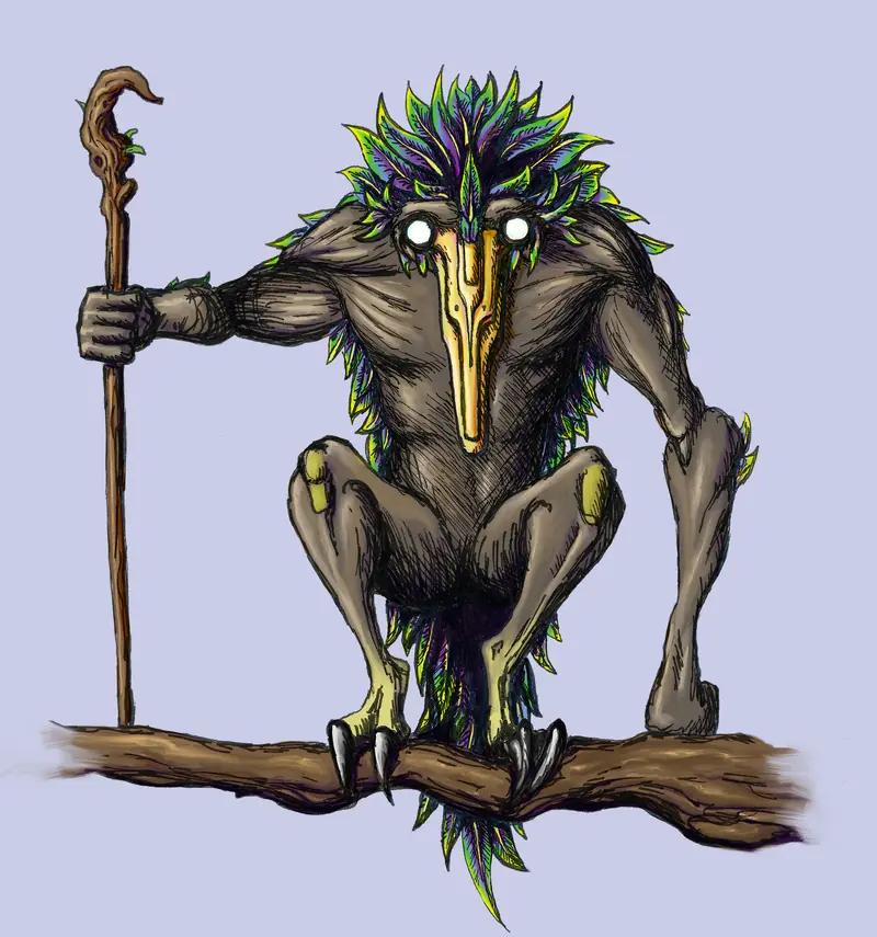 A beaked shaman holding a staff