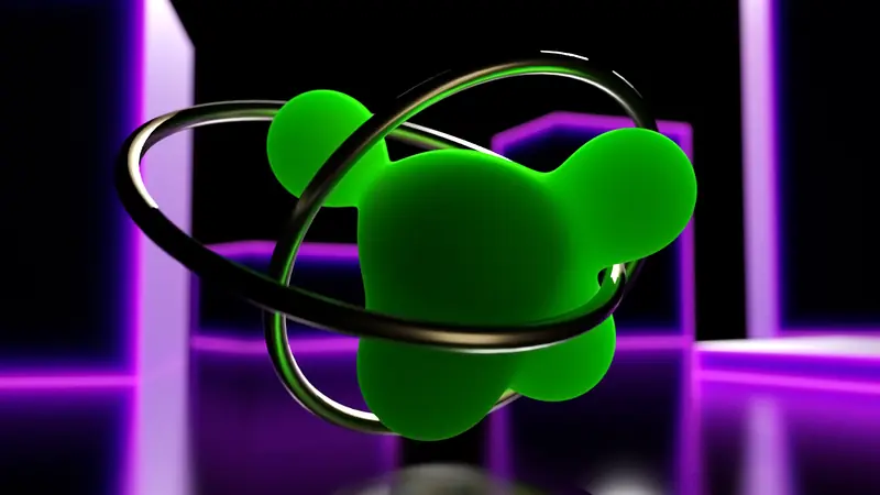 A green blob ringed by orbits in a violet room