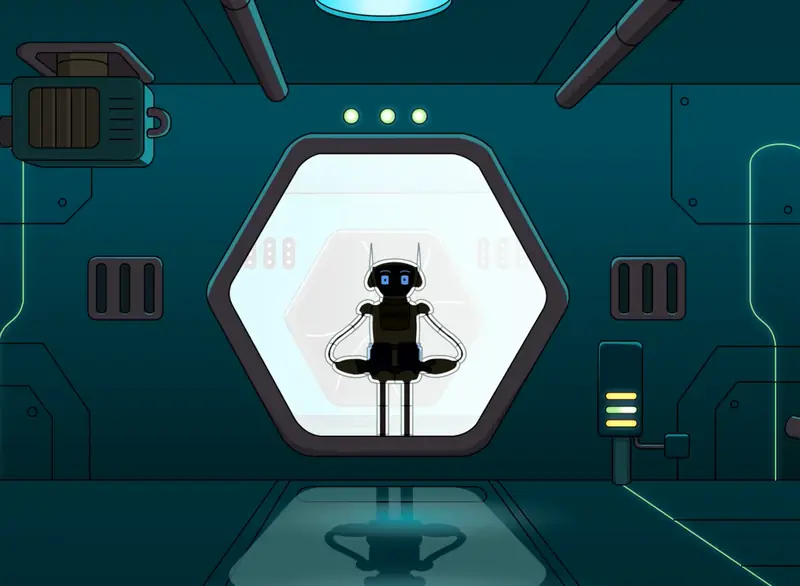 R.A.K.O.’s silhouette in a hexagonal pod window