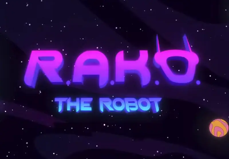 R.A.K.O. the Robot title card in neon pink and blue